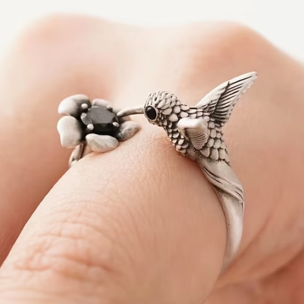 Silver Hummingbird & Flower Ring